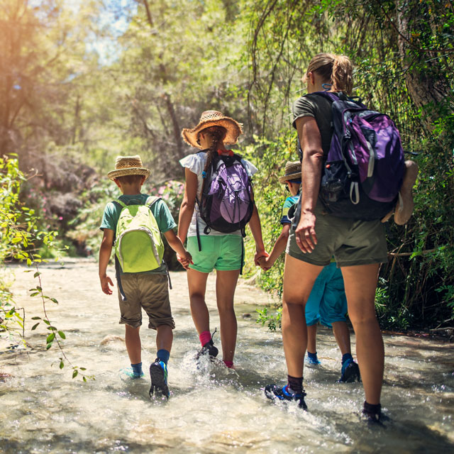 Mother and children hiking as part of summer fitness routine.
