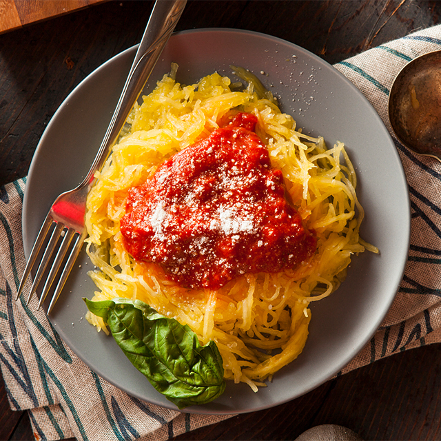 Spaghetti squash with sauce, plated