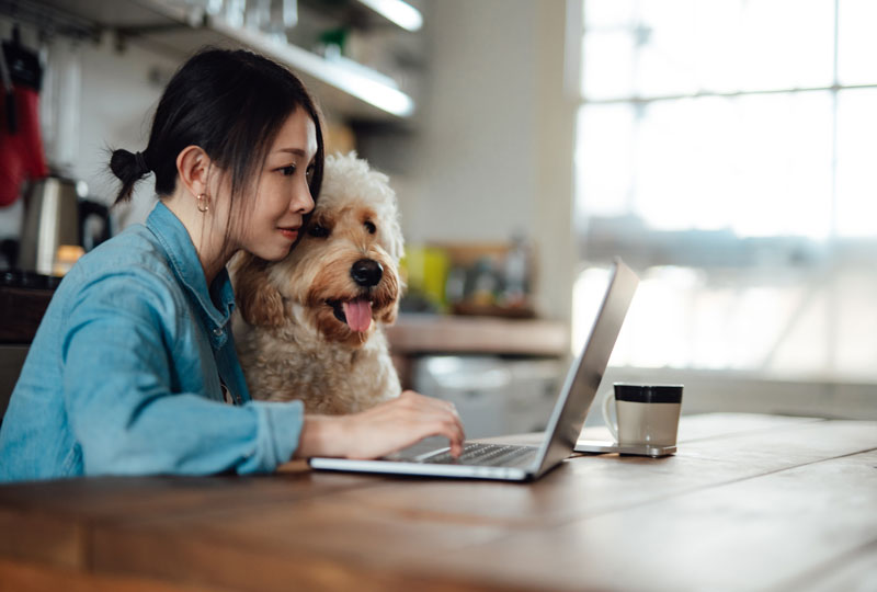 Woman cuddling dog and working at kitchen table, practicing work-life balance strategies