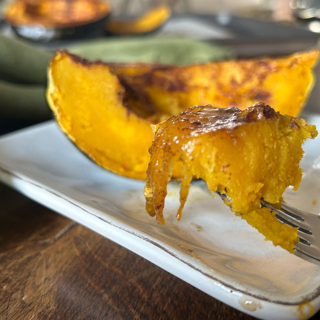 Closeup of a slice of baked squash.